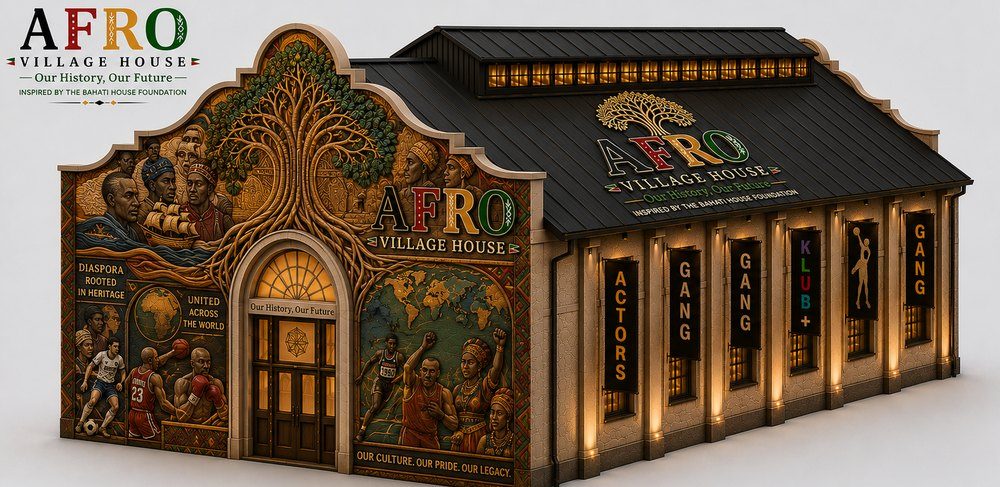 Architectural concept of the Afro Village House pavilion with its heritage mural facade and illuminated banner signage.
