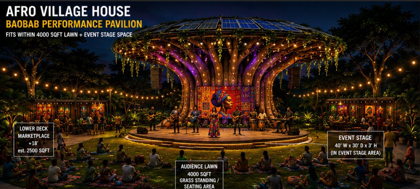 Night rendering of the Baobab Performance Pavilion with illuminated canopy, performers on the event stage, and audience seated on the lawn.