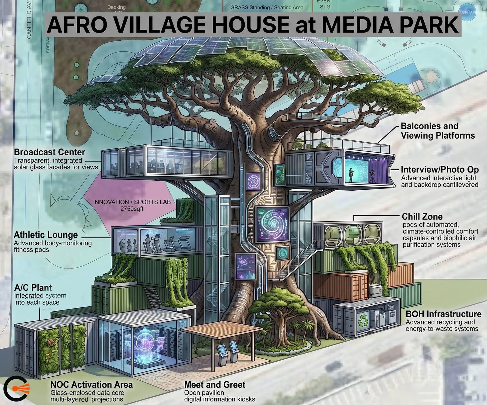 Conceptual rendering of Afro Village House at Media Park showing the central canopy structure with broadcast center, athletic lounge, innovation and sports lab, chill zone, and back-of-house infrastructure.