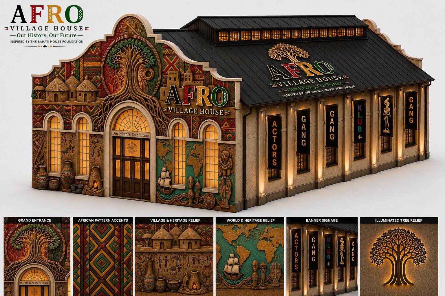 Exterior concept rendering of the Afro Village House pavilion with heritage relief façade, grand arched entrance, and illuminated banner signage.