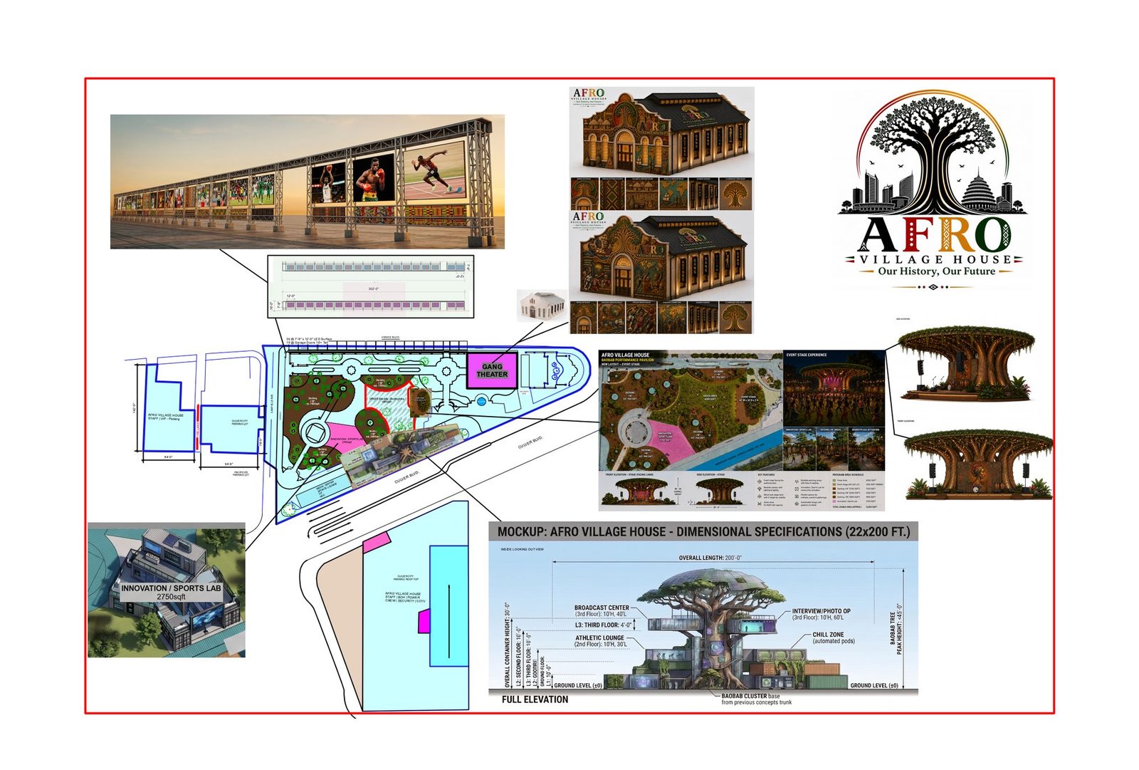Master concept board showing pavilion elevations, dimensional specifications, the Baobab performance structure, and the overall campus footprint.